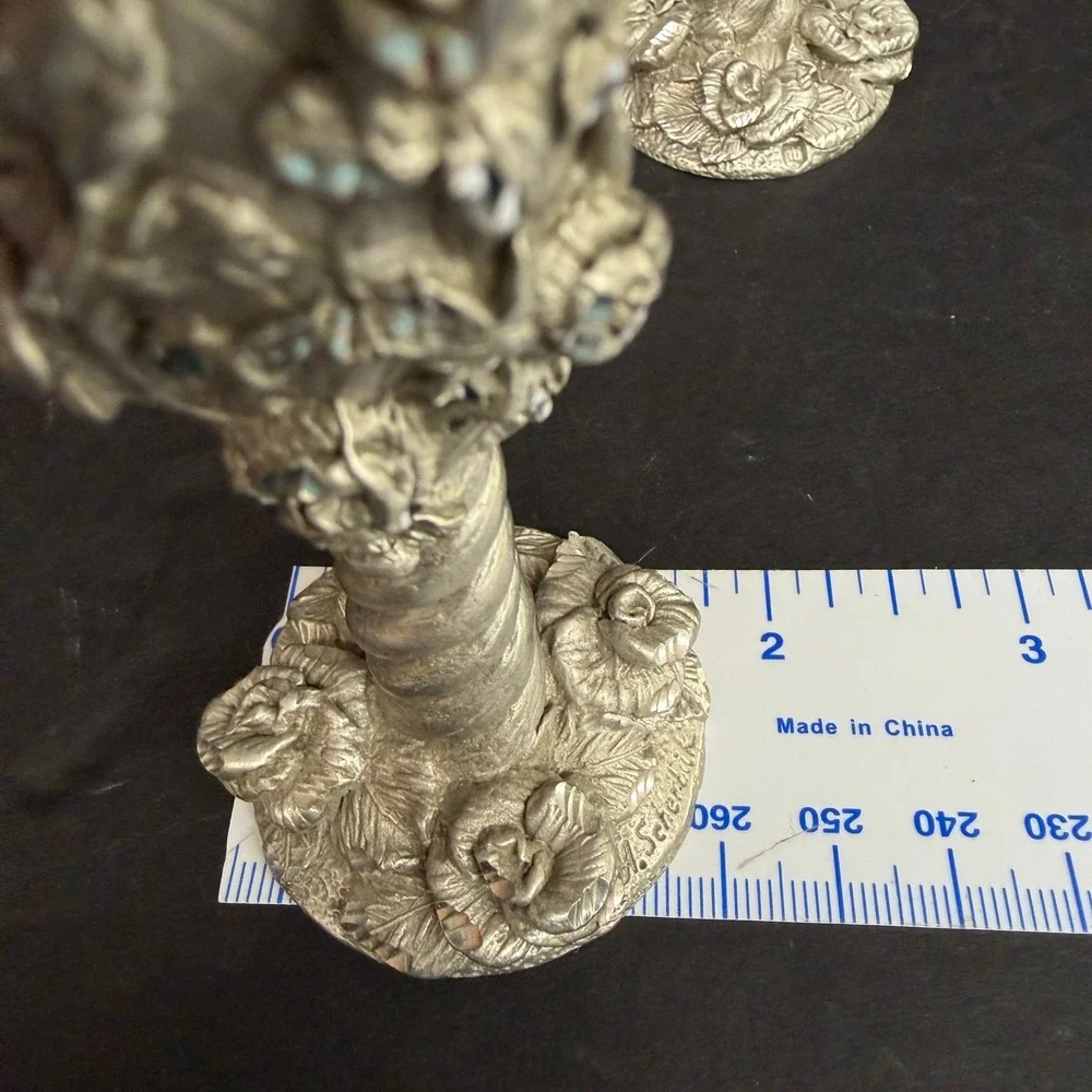 1994 MWFP Pewter Rose Candlestick Holders Silver Floral Shabby Cottagecore Set 2